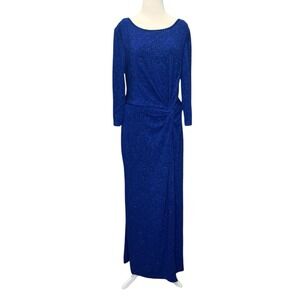 Alex Evenings 3/4 Sleeve Formal Dress sz 16 Blue Maxi Glitter Knot Front Slit